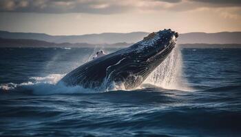 uma majestoso corcunda violações, espirrando dentro a azul mar spray gerado de ai foto