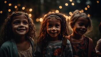 uma fechar acima retrato do despreocupado, cheio de dentes sorridente crianças desfrutando Natal luzes gerado de ai foto