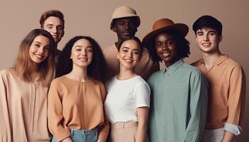 uma diverso grupo do feliz pessoas sorridente para a Câmera gerado de ai foto