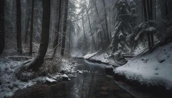 uma tranquilo cena do uma Nevado floresta dentro inverno beleza gerado de ai foto