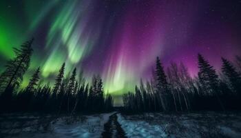Estrela trilha ilumina majestoso inverno panorama dentro ártico floresta gerado de ai foto