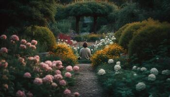 uma sereno mulher meditando dentro uma tranquilo floresta cercado de flores gerado de ai foto