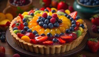 uma caseiro baga Tarte, cozido com fresco fruta e creme gerado de ai foto