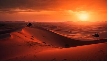 tranquilo cena às pôr do sol majestoso camelo em árido areia duna gerado de ai foto