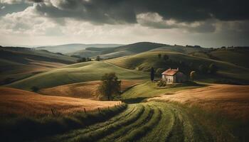 a idílico rural cena com uma tranquilo pôr do sol sobre rolando paisagens gerado de ai foto