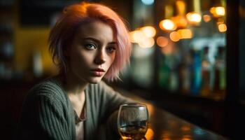 1 jovem mulher, desfrutando vinho às a iluminado Barra gerado de ai foto