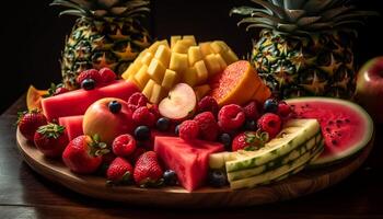 suculento fruta salada prato abacaxi, morango, framboesa, melancia, e kiwi gerado de ai foto