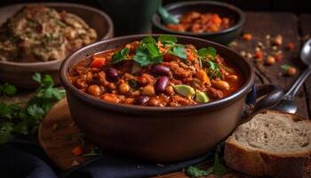 uma saudável vegetariano ensopado com feijões, tomate, e salsinha gerado de ai foto