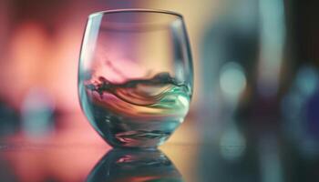uma brilhante uísque garrafa derrama líquido para dentro uma cristal vidro gerado de ai foto