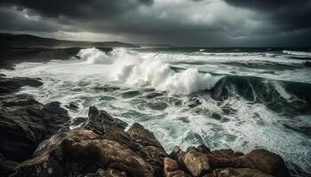 quebra ondas batida contra rochoso litoral, uma dramático marinha beleza gerado de ai foto