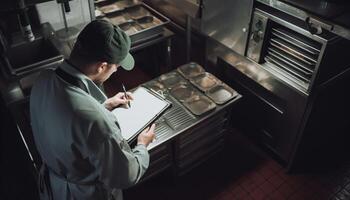 1 jovem adulto chefe de cozinha, em pé dentro comercial cozinha, preparando refeição gerado de ai foto