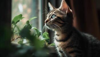 uma brincalhão gatinho com fofo pele e verde olhos encarando gerado de ai foto