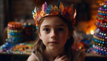 fofa caucasiano menina vestindo tiara goza brincalhão Natal festa dentro de casa gerado de ai foto