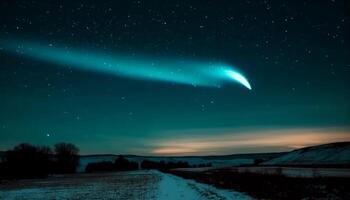 silhueta do majestoso montanha alcance iluminado de brilhando Estrela campo gerado de ai foto