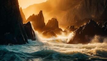 pôr do sol céu reflete em majestoso onda falhando contra rochoso litoral gerado de ai foto