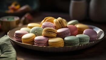 indulgente francês Macarrão, uma gourmet sobremesa com multi colori variações gerado de ai foto