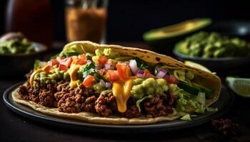 grelhado carne taco com guacamole, coentro, e Pimenta jalapeno Pimenta gerado de ai foto