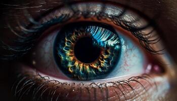 azul olhos mulher encarando às Câmera, fechar acima do íris e Cílio gerado de ai foto