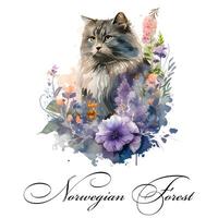 aguarela ilustração do uma solteiro gato procriar norueguês floresta com flores ai gerado. aguarela animal coleção do gatos. gato retrato. ilustração do animal. foto