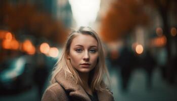 uma jovem, lindo mulher caminhando sozinho dentro a iluminado cidade gerado de ai foto