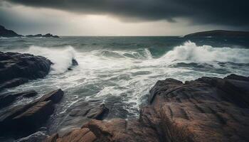 quebra ondas batida contra rochoso litoral às crepúsculo, uma dramático marinha gerado de ai foto