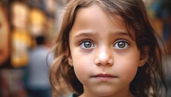 uma fofa criança pequena com Castanho olhos olhando acima às natureza gerado de ai foto