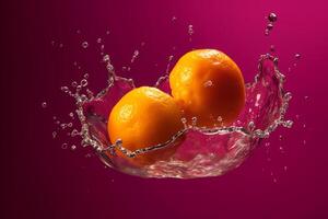 uma pares do laranja solta com respingo água ai generativo foto