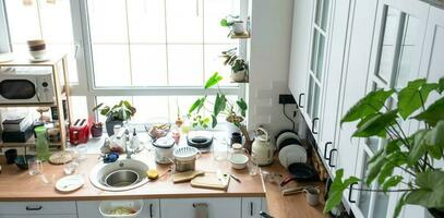 uma bagunça dentro a cozinha, sujo pratos em a mesa, espalhados coisas, anti-higiênico condições. cozinha é desarrumado, todo dia vida foto