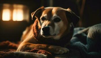 fofa de raça pura terrier cachorro sentado em suave sofá gerado de ai foto