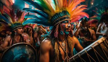 jovem adultos dentro tradicional roupas samba dançando alegremente gerado de ai foto