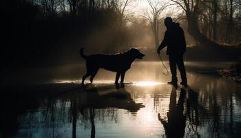 labrador caminhando dentro natureza às pôr do sol, tranquilo cena gerado de ai foto