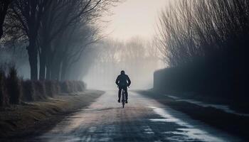 silhueta ciclismo através nebuloso montanha panorama sozinho gerado de ai foto