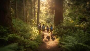 família caminhada através floresta, desfrutando natureza beleza gerado de ai foto