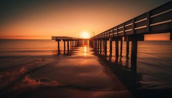 pôr do sol sobre tranquilo litoral, água reflete beleza gerado de ai foto