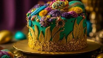 indulgente chocolate aniversário bolo com amarelo gelo gerado de ai foto