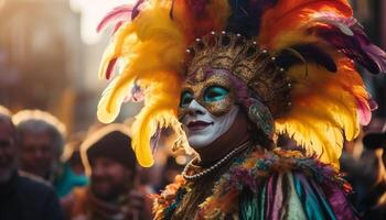 colorida carnaval parada, mulheres e homens dançando gerado de ai foto