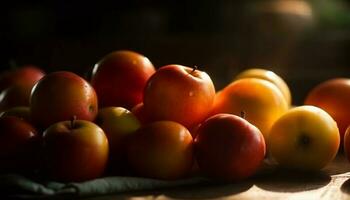 orgânico maduro tomate em de madeira prato dentro de casa gerado de ai foto