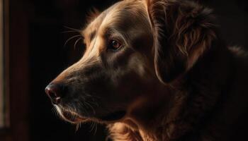 fofa de raça pura cachorro olhando às Câmera dentro de casa gerado de ai foto