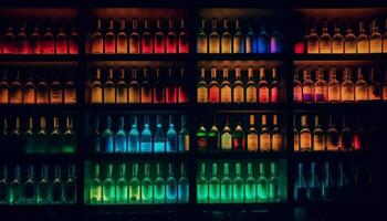 multi colori vinho garrafas dentro uma linha iluminar celebração gerado de ai foto