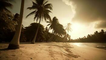 tropical pôr do sol, Palma árvores, ondas, e areia gerado de ai foto