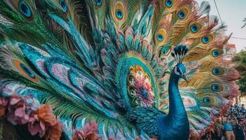 majestoso pavão monitores ornamentado multi colori rabo penas gerado de ai foto