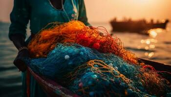 pescador segurando pegar do peixe às pôr do sol gerado de ai foto