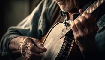 Senior guitarrista arrancar acústico cordas com habilidade gerado de ai foto