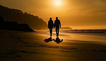 casal caminhando em areia, desfrutando tranquilo pôr do sol gerado de ai foto
