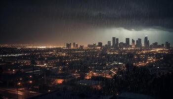 brilhando paisagem urbana às crepúsculo, moderno arquitetura iluminado gerado de ai foto