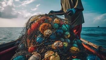 homens em pescaria barco pegando multi colori peixe gerado de ai foto