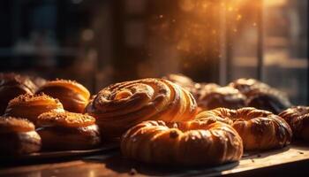 recentemente cozido doce pastelaria em rústico madeira mesa gerado de ai foto