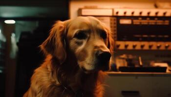 dourado retriever cachorro sentado, olhando às Câmera dentro de casa gerado de ai foto