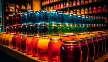 multi colori garrafas dentro uma ampla coleção em estante gerado de ai foto