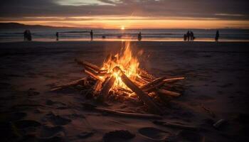 queimando fogueira em arenoso de praia às pôr do sol gerado de ai foto